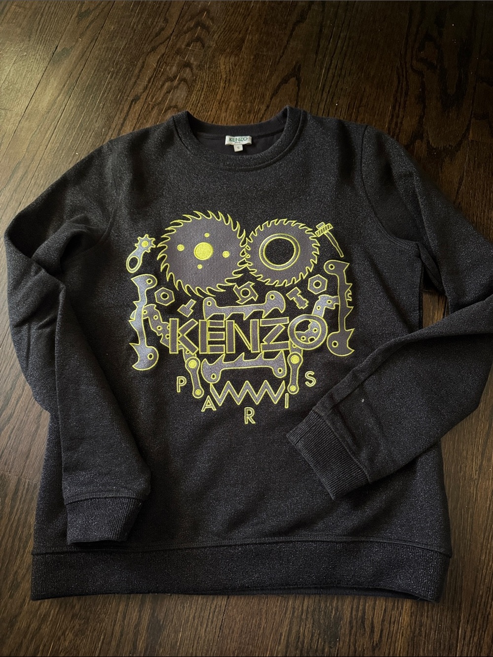 Kenzo Black Crewneck Sweatshirt with Neon Yellow Graphic